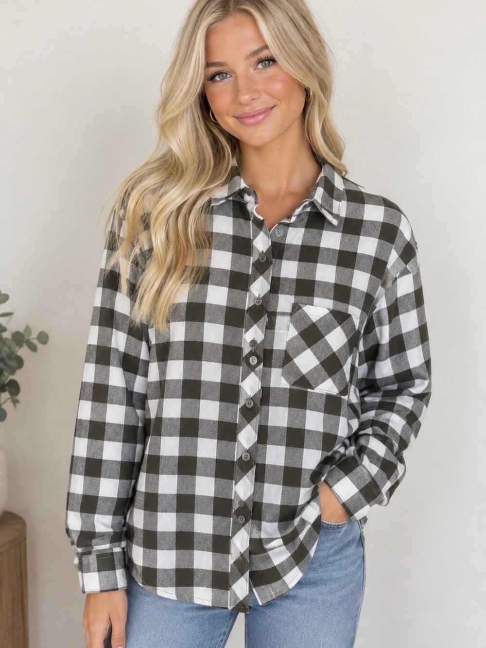 BCBGeneration Women’s Plaid Flannel Button Front Shirt Green Cotton Size S